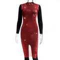 Elegant red mesh dress with sparkling rhinestones over black sleeves, chic French style design. - XS / Red