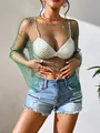Detailed view of women's green rhinestone fishnet mesh top, perfect for summer fashion parties - XS / Tops / Dark Green