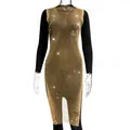 Detail view of a gold fishnet mesh dress with sparkling rhinestones over a black base. - XS / Gold
