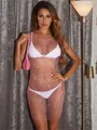 Detailed close-up view of an elegant rhinestone mesh mini dress over a white bikini set - XS / Tops / Pink