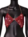 Macro view of sexy red sparkling rhinestone halter top with elegant gold chain neck strap. - One Size / Tops / Red