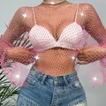 Detail shot of a sparkling pink rhinestone fishnet mesh top for a glamorous summer look - XS / Tops / Pink
