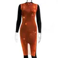 Close-up of orange rhinestone mesh dress with shimmering detail and grid pattern - XS / Neon Orange