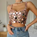 Close-up of a glamorous rose gold acrylic sequin disc crop top perfect for night club wear - One Size / Tops / Rose Gold