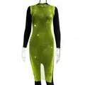 Detailed view of neon green fishnet dress featuring sparkling rhinestone embellishments - XS / Fluorescent Green