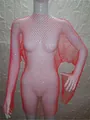 Vibrant red long-sleeved fishnet dress featuring sparkling rhinestones on mannequin - XS / Top And Bottom / Fluorescent Rose Red