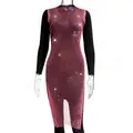Detailed view of the pink rhinestone mesh dress featuring sparkling crystals on a sheer grid fabric - XS / Fluorescent Rose Red