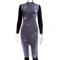 Detailed macro view of elegant purple rhinestone fishnet dress for summer fashion party. - XS / Purple