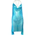 Sexy blue metallic halter neck dress with deep V backless design and chain straps. - Sky Blue