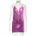 Sexy pink metallic chainmail mini dress with deep V-neck halter design for nightclub - Rose Red