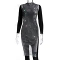 Detail view of black long sleeve dress with sparkling rhinestone mesh overlay and side slit. - XS / Silver