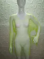 Detail of neon yellow long sleeve mesh dress with sparkling rhinestone accents. - XS / Top And Bottom / V-Neck Fluorescent Green
