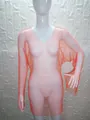 Close-up detail of orange rhinestone mesh long-sleeve dress on mannequin - XS / Top And Bottom / V-Neck Neon Orange