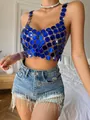 Detail of royal blue acrylic disc sequin halter top with shiny metallic links - One Size / Tops / Blue