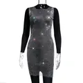 Detailed macro shot of sparkly rhinestone mesh dress for sexy nightclub parties - XS / Top And Bottom / Silver