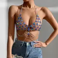 Detailed view of sexy blue triangle gemstone body chain vest for beach and clubwear - One Size / Tops / Blue