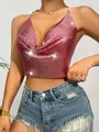Sexy pink metallic sequin halter crop top with deep V-neck detail and sparkly finish - XS / Tops / Rose Gold