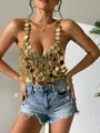 Close-up detail of sexy gold metallic disc halter top for fashion nightclub party wear - One Size / Tops / Gold