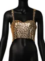 Sexy leopard print sequin crop top for women with metallic shimmer and thin straps. - One Size / Tops / Leopard Print Gold