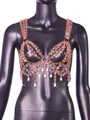 Detailed view of shimmering pink faceted beads and white pearl tassels on a body chain bra top - One Size / Tops / Sunstone
