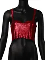 Close-up detail of sexy red metallic sequin camisole crop top for women on mannequin - One Size / Tops / Red