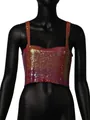 Close-up of vibrant iridescent sequin metallic crop camisole top on a black mannequin - One Size / Tops / Iridescent Red