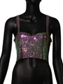 Detailed close-up of iridescent holographic sequined metal mesh crop top for women - One Size / Tops / Iridescent