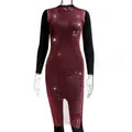 Elegant red rhinestone mesh overlay dress with a sleek black long sleeve base layer - XS / Deep Rose Red