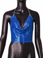 Close-up detail of electric blue metallic sequin halter crop top on a black mannequin. - XS / Tops / Sapphire Blue
