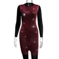 Close-up of red fishnet mesh dress with sparkling rhinestones over black sleeves - XS / Tops / Dark Rose Red