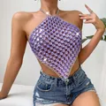Top all'americana sexy con strass viola e cristalli scintillanti per feste - Taglia unica / Top / Viola