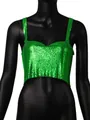 Detailed close-up view of the green metal sequin mesh texture on a stylish woman crop top - One Size / Tops / Green