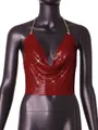 Detail view of a sexy red metal sequin backless halter top on a black mannequin - XS / Tops / Red