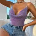 Detailed view of shimmering purple rhinestone texture on sexy backless halter top - Mineral Purple