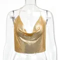 Close-up of a sexy gold metallic sequin halter crop top for party and clubwear - XS / Tops / Gold