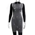 Close-up of elegant black long-sleeve dress with silver rhinestone mesh overlay - XS / Dresses / White