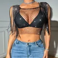 Close-up of black rhinestone mesh crop top with sparkling fringe shoulder details - XS / Tops / Black