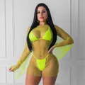 Elegant neon green long sleeve mesh fishnet mini dress with sparkling rhinestone detail - XS / Round Neck Top And Bottom / Fluorescent Green