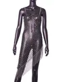 Sexy transparent mesh dress with plum blossom rhinestone pattern and long fringes - XS / Top And Bottom / Black