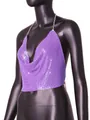 Detailed view of sexy purple metal sequin halter crop top with backless design - Purple