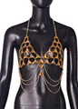 Sexy gold-tone metal body chain bra featuring orange triangle gemstones on a black mannequin - One Size / Tops / Gold