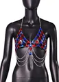 Macro detail of red and blue crystal triangle body chain top displayed on black mannequin - One Size / Tops / Red and Blue