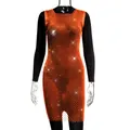 Macro detail of vibrant orange mesh dress featuring intricate sparkling rhinestone decorations - XS / Tops / Orange