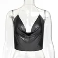 Close-up detail of sexy black metal sequin backless halter neck top on mannequin - XS / Tops / Black