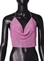 Stunning close-up detail of a pink rhinestone halter crop top with shiny chain straps - S / Tops / Pink