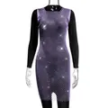 Detailed view of elegant purple mesh dress featuring sparkling rhinestone embellishments - XS / Tops / Purple