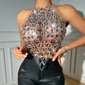 Sexy crystal rhinestone halter top body chain jewelry with large clear gemstones - One Size / Tops / Silver