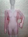 Elegant pink rhinestone mesh long-sleeve mini dress shown on a white mannequin setup - XS / Top And Bottom / V-Neck Rose Red