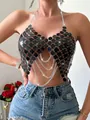 Detalle del top halter con lentejuelas negras y flecos de cadena plateada para fiesta - Talla única / Tops / Negro