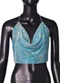 Macro detail shot of a sparkling light blue rhinestone halter top with sequin finish - S / Tops / Blue